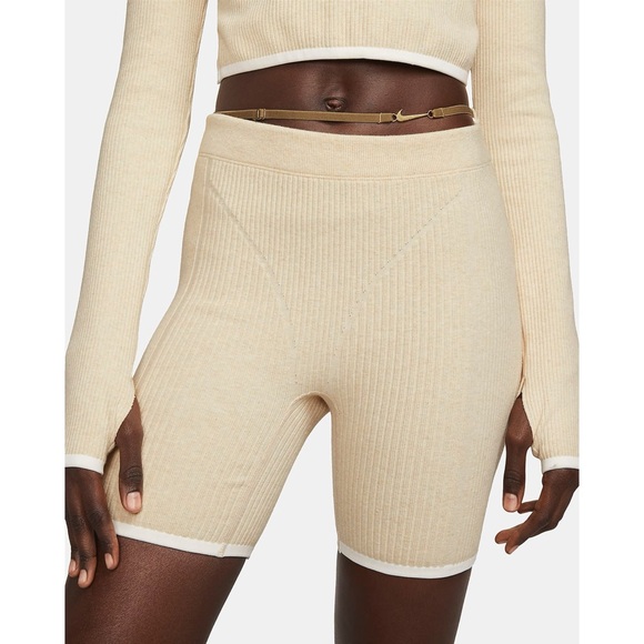 Nike Pants - Nike x Jacquemus Ribbed Knit Fitted Cream Bike Shorts with Waist Logo Charm